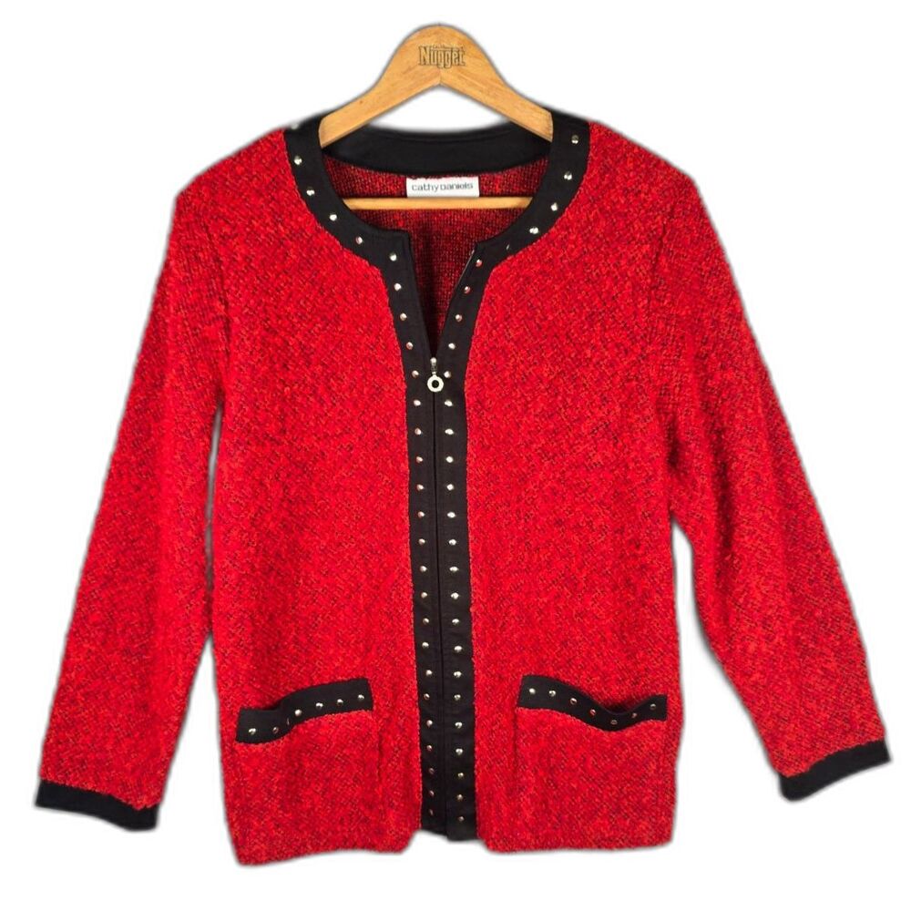 Cathy Daniels Sweater Jacket Red Black L Gold Studded Textured Knit Zip Front